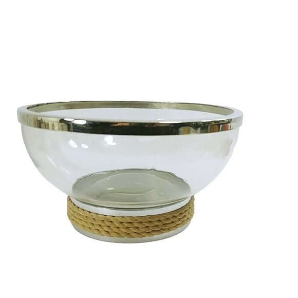 Bowl Glass Fruit Salad Serving Bowl Chrome Trim Rope Accent - Picture 8 of 9
